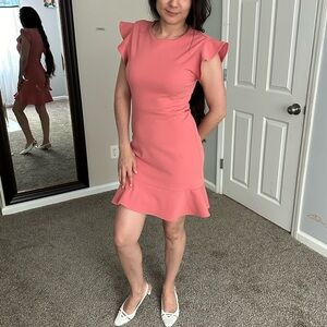 Pink Ruffled Cap Sleeve Sheath Dress